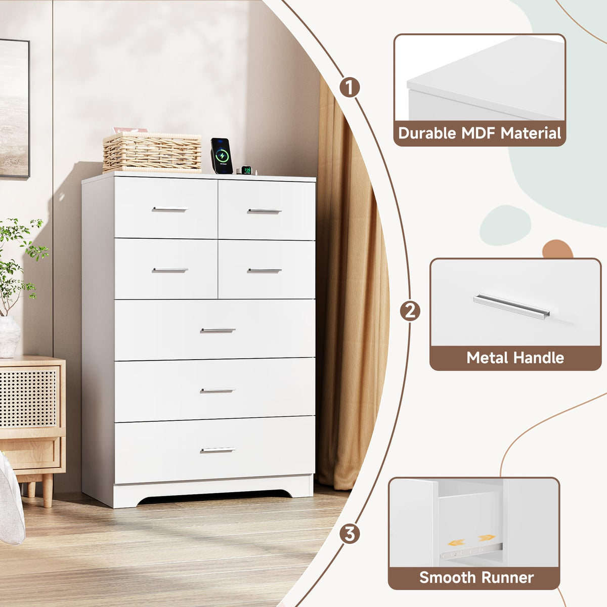 7-Drawer White MDF Storage Cabinet with Outlet for Home Office