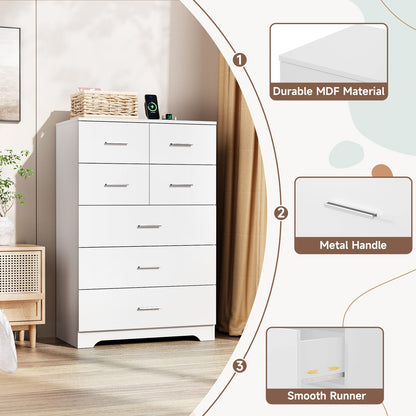 7-Drawer White MDF Storage Cabinet with Outlet for Home Office