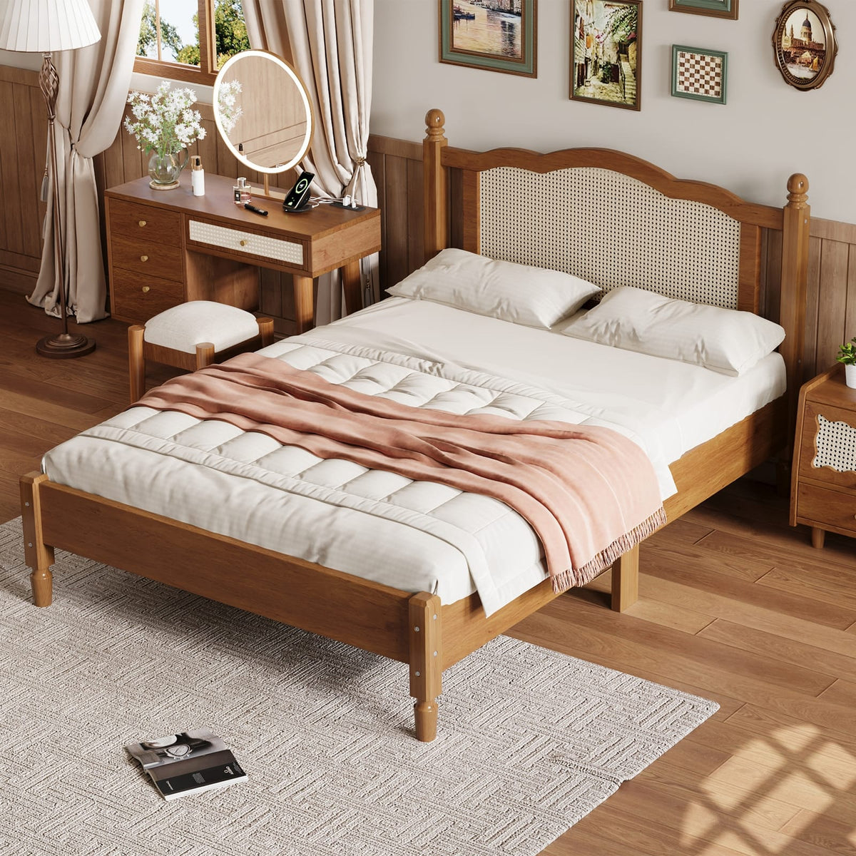 Full Size Walnut Rattan Bed Frame - No Box Spring Needed