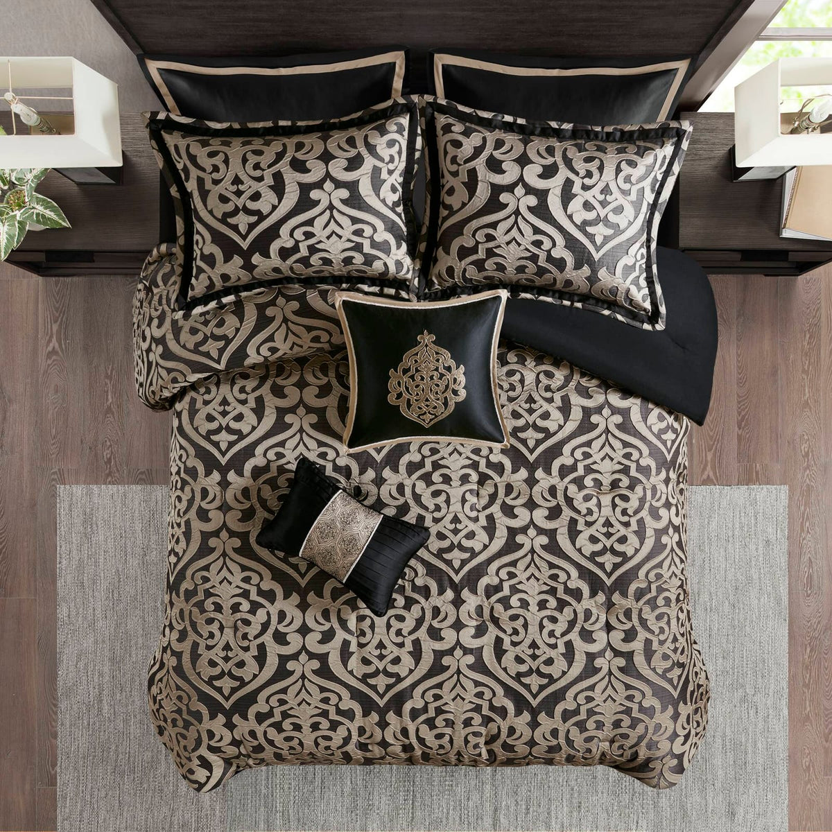 8 Piece Cal King Jacquard Comforter Set - Black Polyester