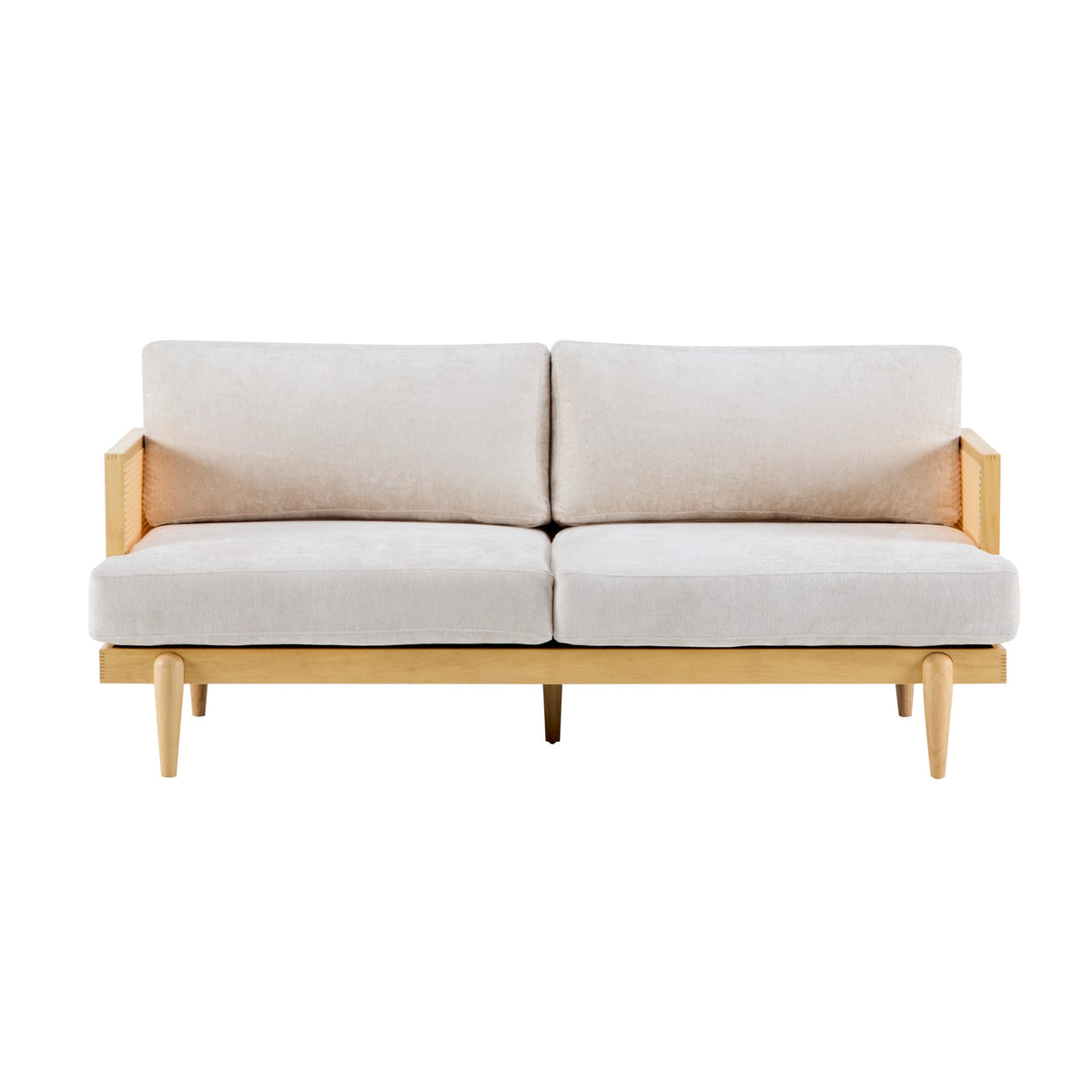 3-Seat Boucle Sofa with Cane Rattan, Natural Beige for Living Room