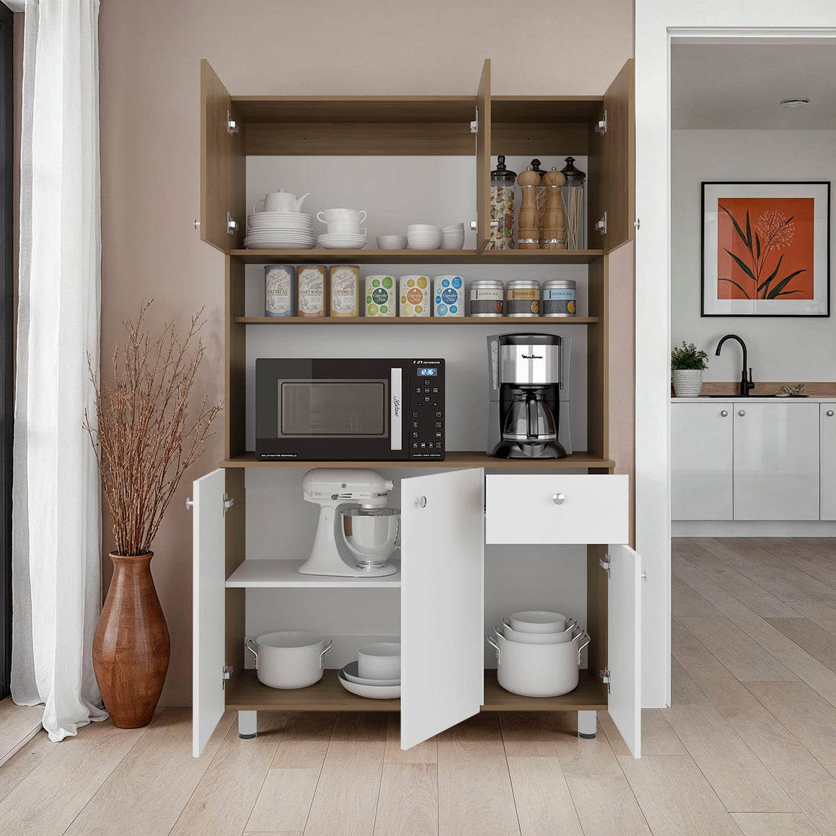 White Engineered Wood Kitchen Storage Cabinet with Ample Shelves