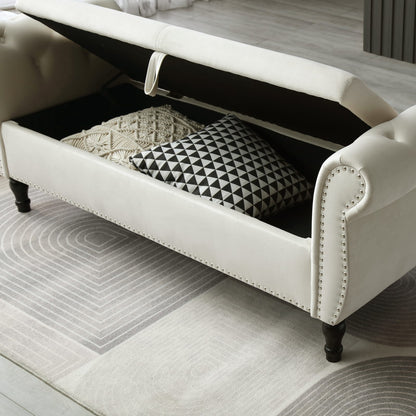 Beige Velvet Storage Bench - End of Bed Footstool