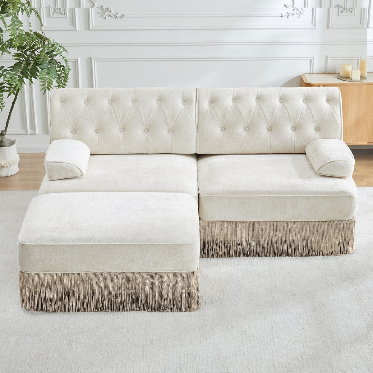 L-Shaped Velvet Sofa Beige, Chesterfield Style with Tassel Skirt