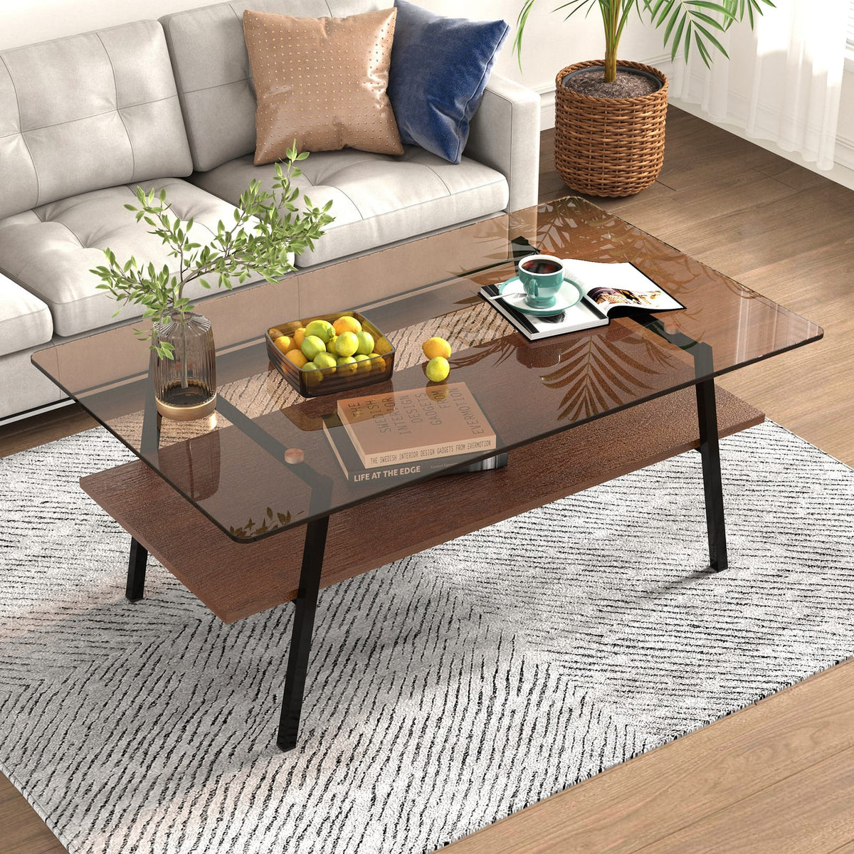 Brown Tempered Glass Coffee Table Set - 3 Piece Living Room Table