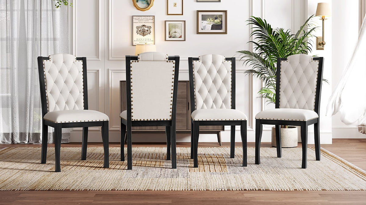 6-Person Black Dining Table Set - Rectangular Solid Wood Table & Upholstered Chairs