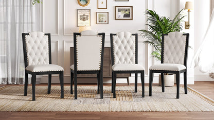 6-Person Black Dining Table Set - Rectangular Solid Wood Table & Upholstered Chairs