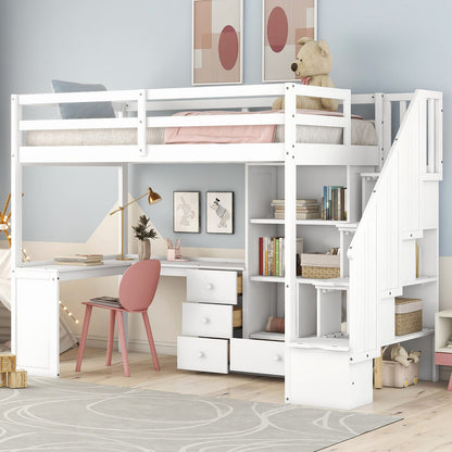 White Pine Twin Loft Bed with Storage Staircase and L-Shaped Desk for Bedroom