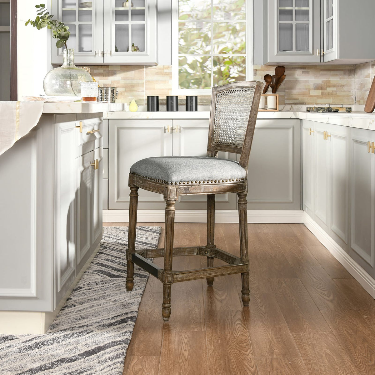 Gray Rattan Bar Stool - Wood & Fabric Comfort for Dining Room