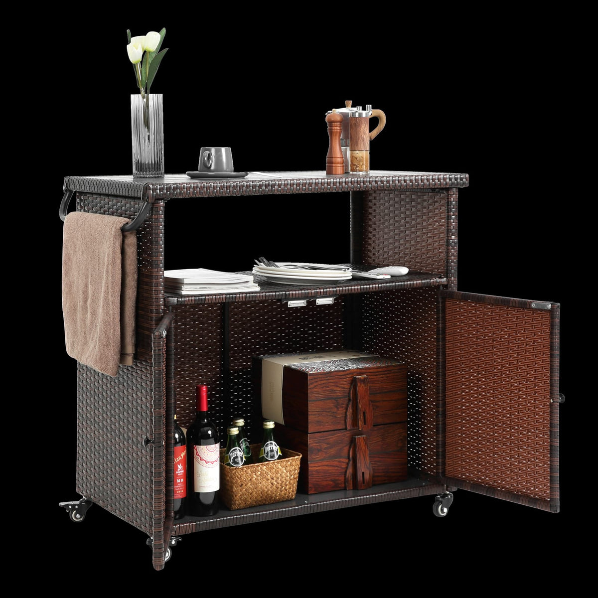 Outdoor Wicker Bar Cart - Patio Serving Cart with Wheels, Black+Brown