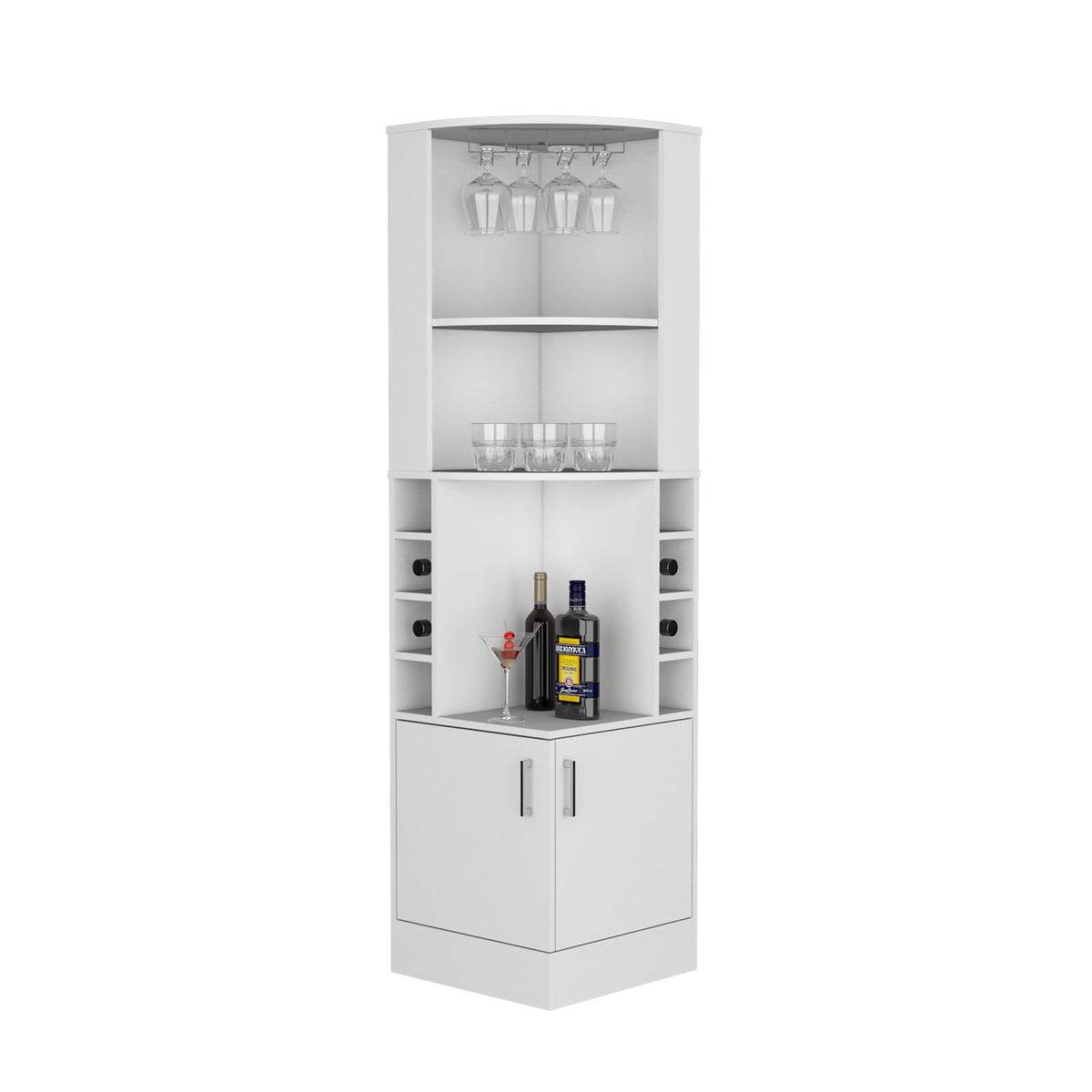 White Engineered Wood Corner Bar Cabinet - 8 Wine Racks