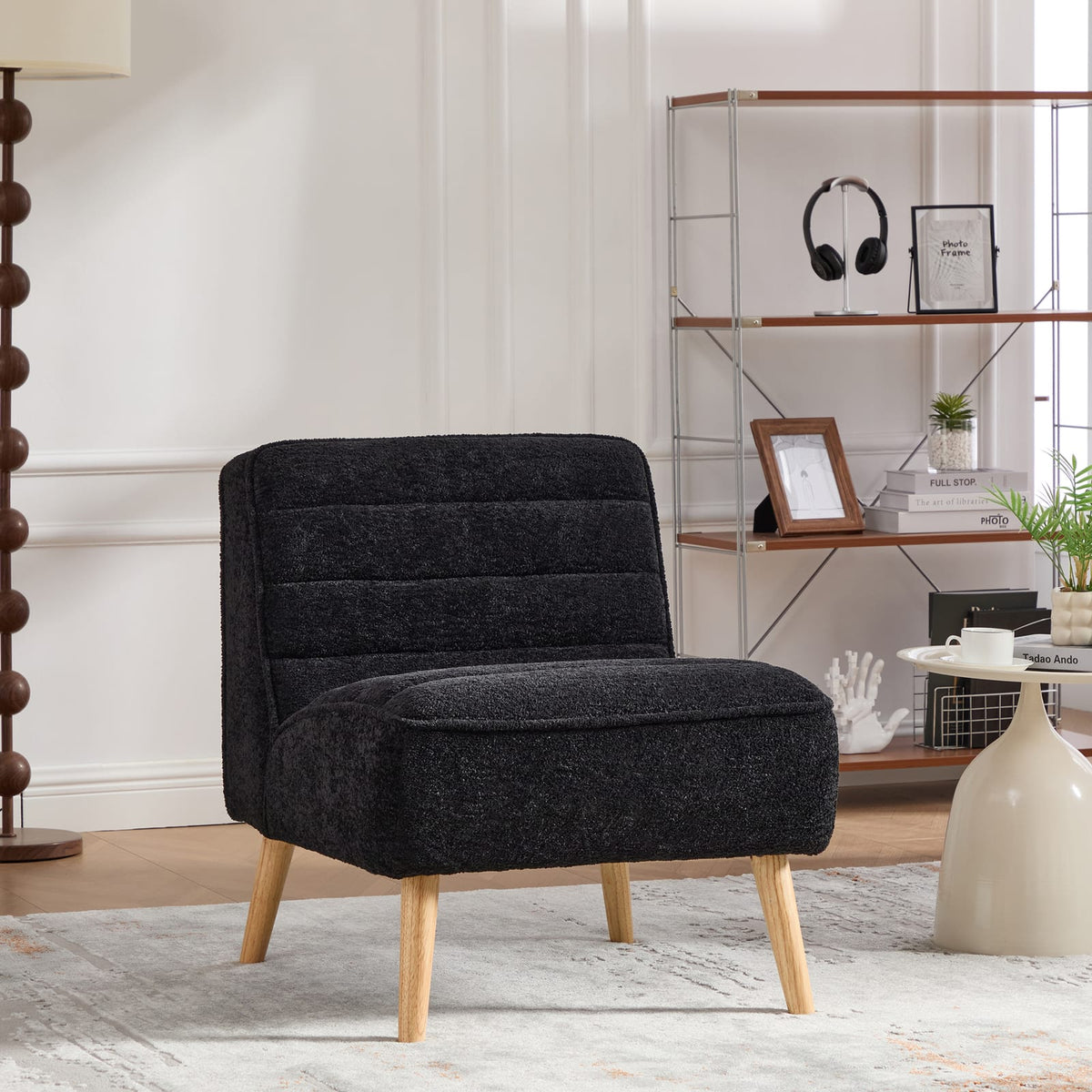 Modern Armless Accent Chair - Black Chenille, 24.4" Wide