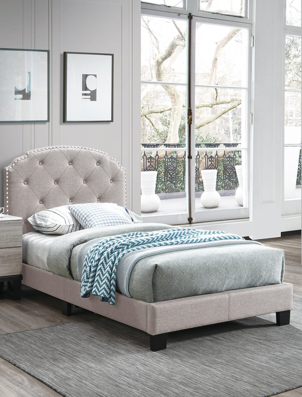 Twin Size Burlap Button Tufted Bed Frame Light Brown
