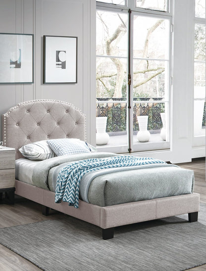 Twin Size Burlap Button Tufted Bed Frame Light Brown