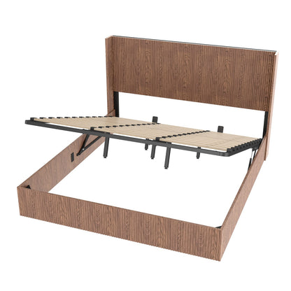 King Size Iron Bed Frame with Natural Wood Storage Platform for Bedroom