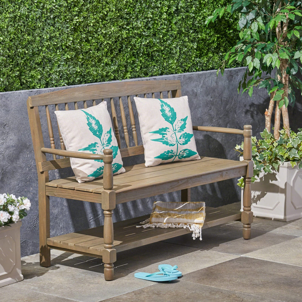 Grey Acacia Wood Farmhouse Bench for Garden Patio Seating