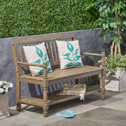Grey Acacia Wood Farmhouse Bench for Garden Patio Seating