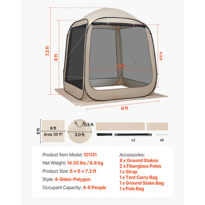 6 Person Beige Steel Pop Up Screen Tent - Garden Patio
