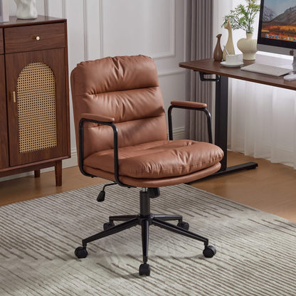 Brown Office Chair Mid Back PU Leather Ergonomic Desk Rolling Swivel Chair