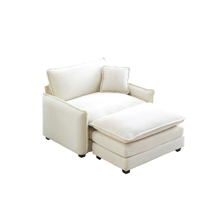 White Corduroy Single Sofa with Footstool - Bedroom or Living Room