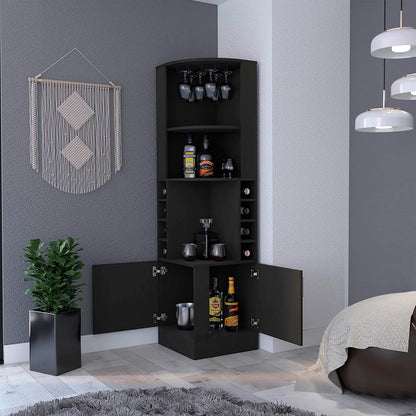 Black Corner Bar Cabinet with Wine Rack - 18.4"W x 18.4"D x 71.1"H