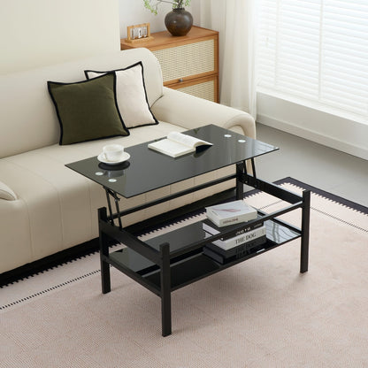 Black Glass Lift Top Storage Coffee Table for Living Room