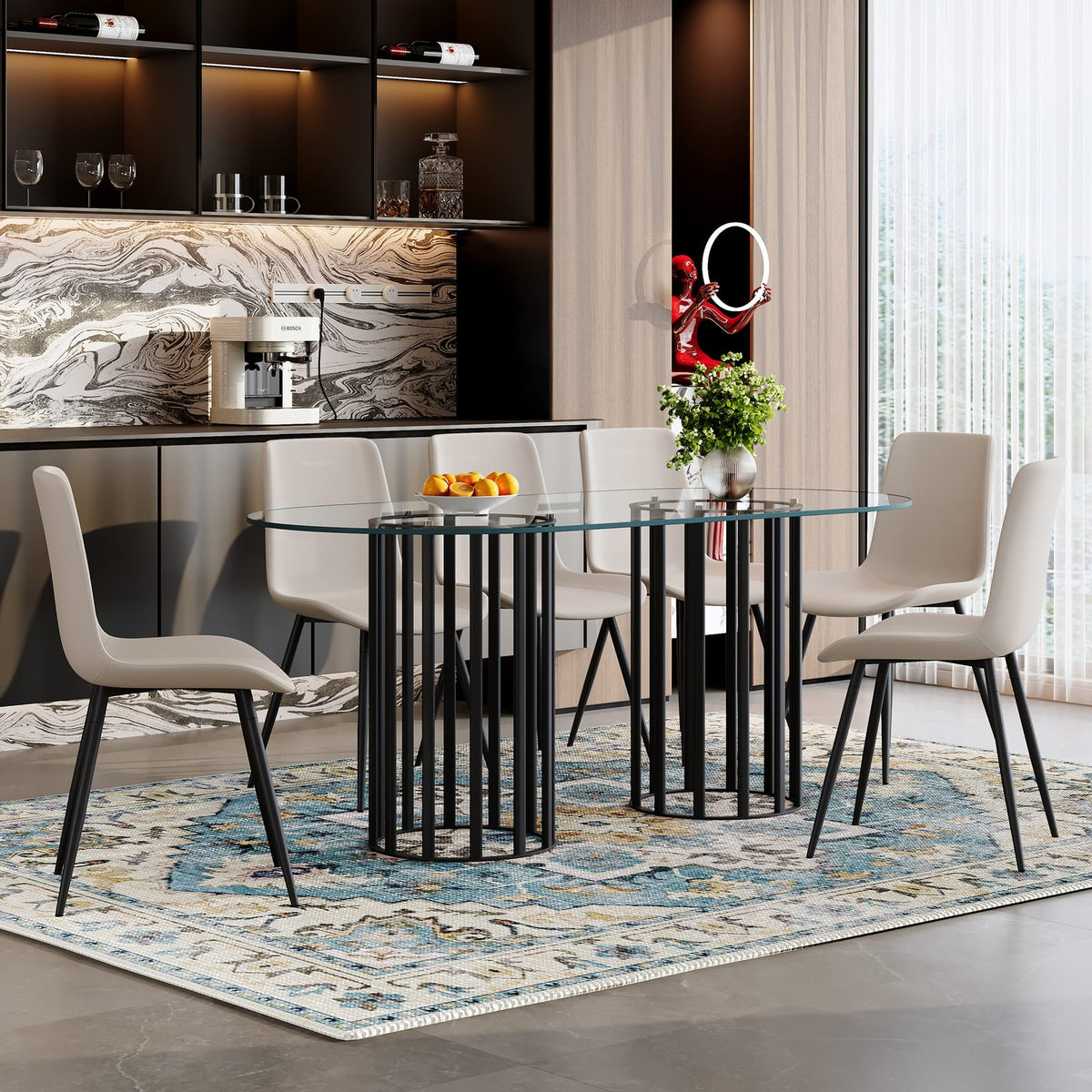 6 Person Glass Dining Table Set - Black Metal Frame
