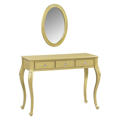 Gold Makeup Vanity Desk - 3 Drawers, Oval Mirror Storage