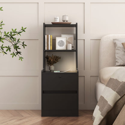Black Particle Board Nightstand with USB Charging & Night Light for Bedroom