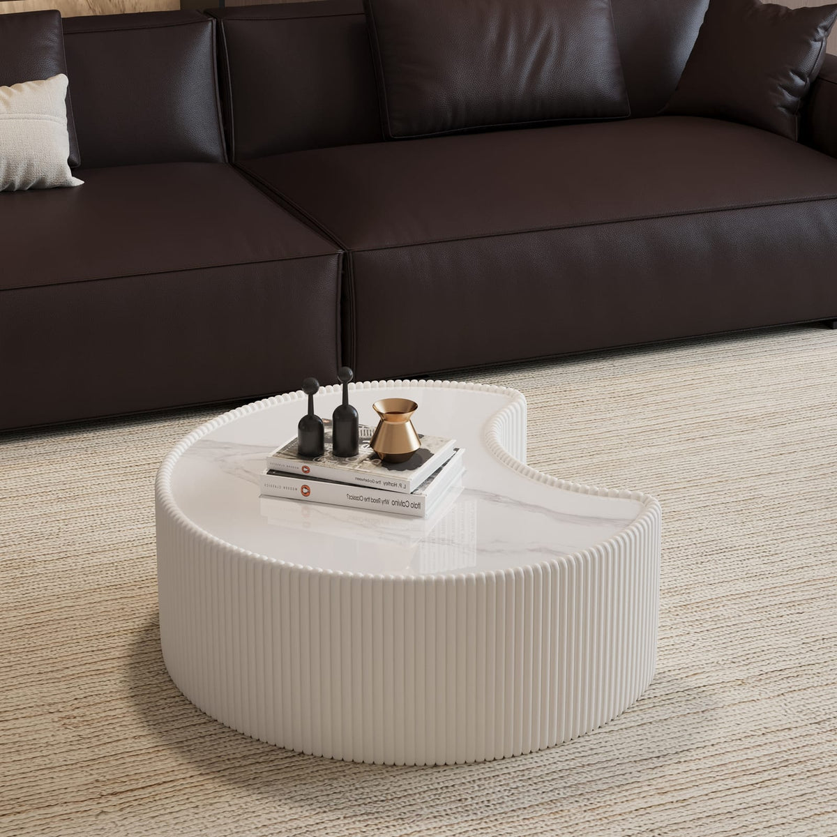 Light Sintered Stone Top Stylish Irregular Shape Leather Coffee Table - Cream White