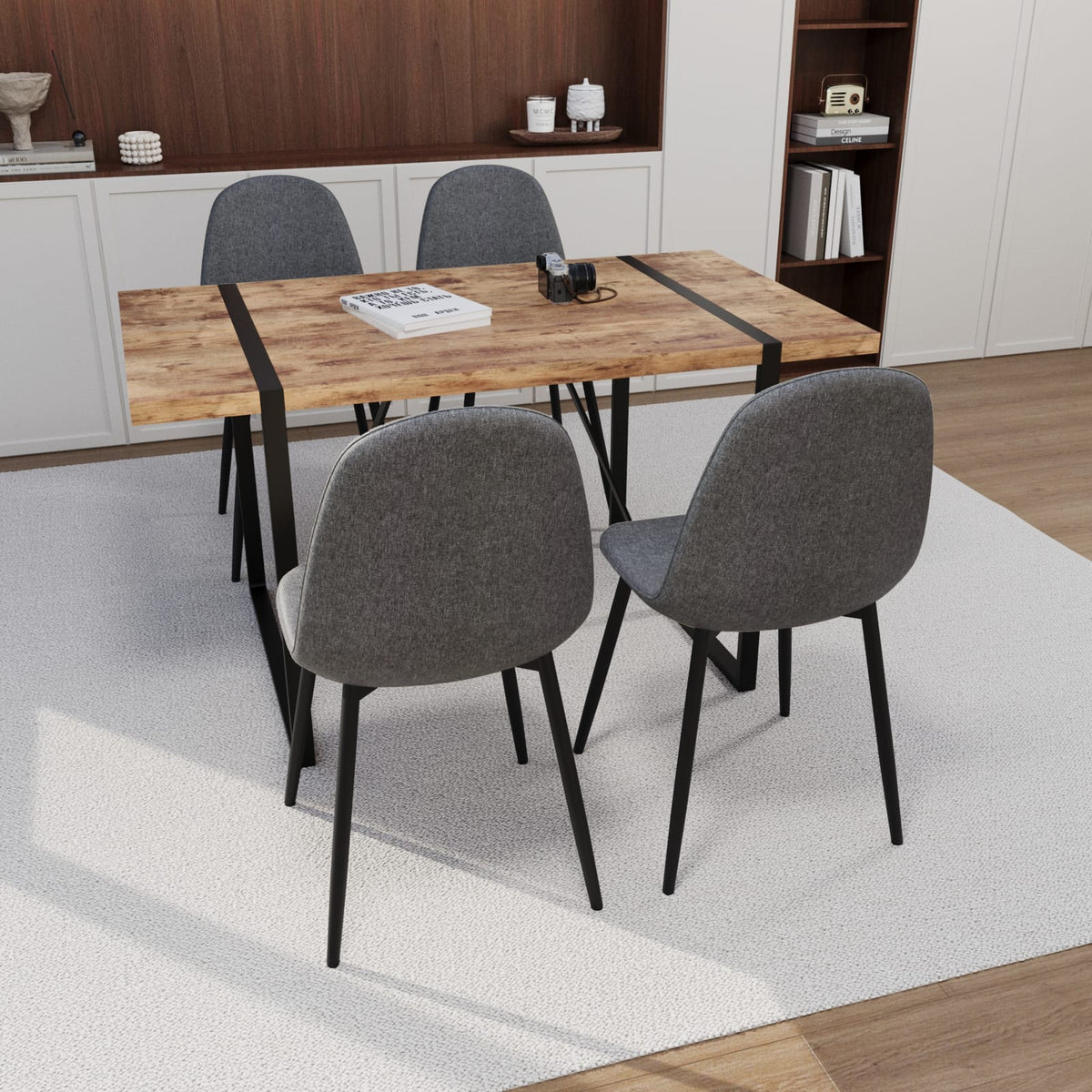 Modern Industrial Dining Table and Chair Set in Grey Brown MDF