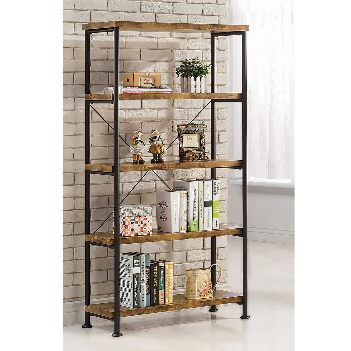 5-Shelf Bookcase in Antique Nutmeg and Black - Display Shelving for Living Room