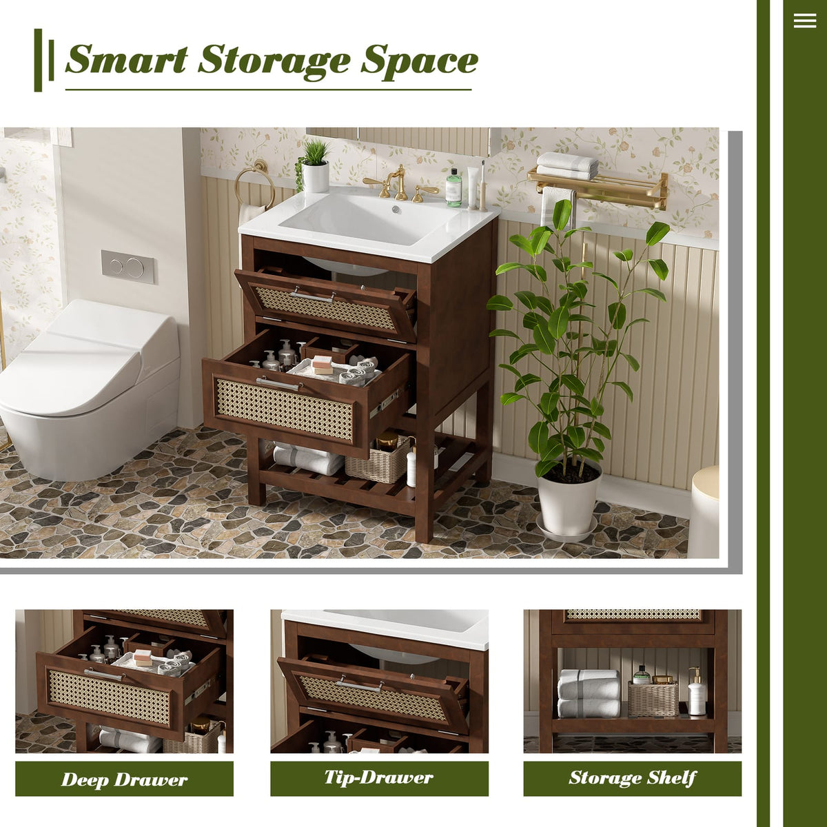 Dark Brown Bathroom Vanity with Ceramic Sink - 24 Inch