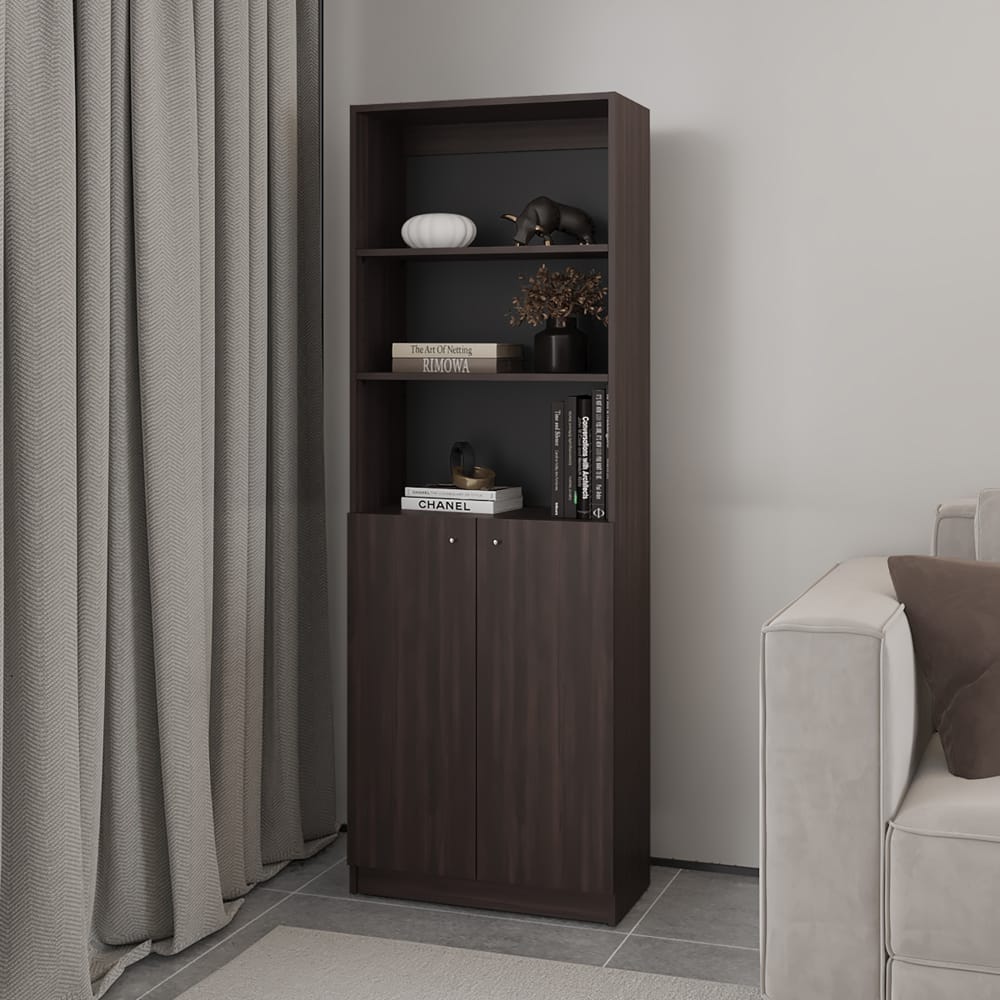 Brown Engineered Wood Bookcase 5 Shelves 2 Doors for Living Room