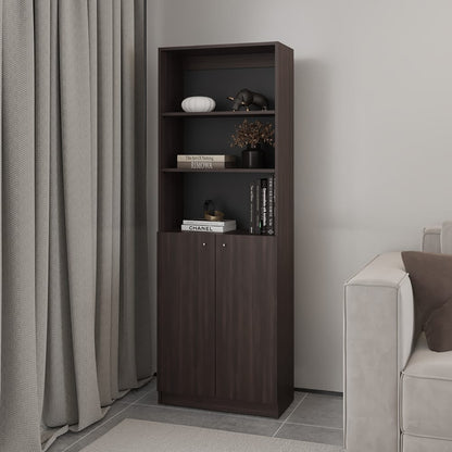 Brown Engineered Wood Bookcase 5 Shelves 2 Doors for Living Room