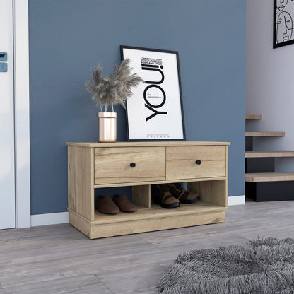 Light Oak Storage Bench with Two Drawers & Shelves for Living Room