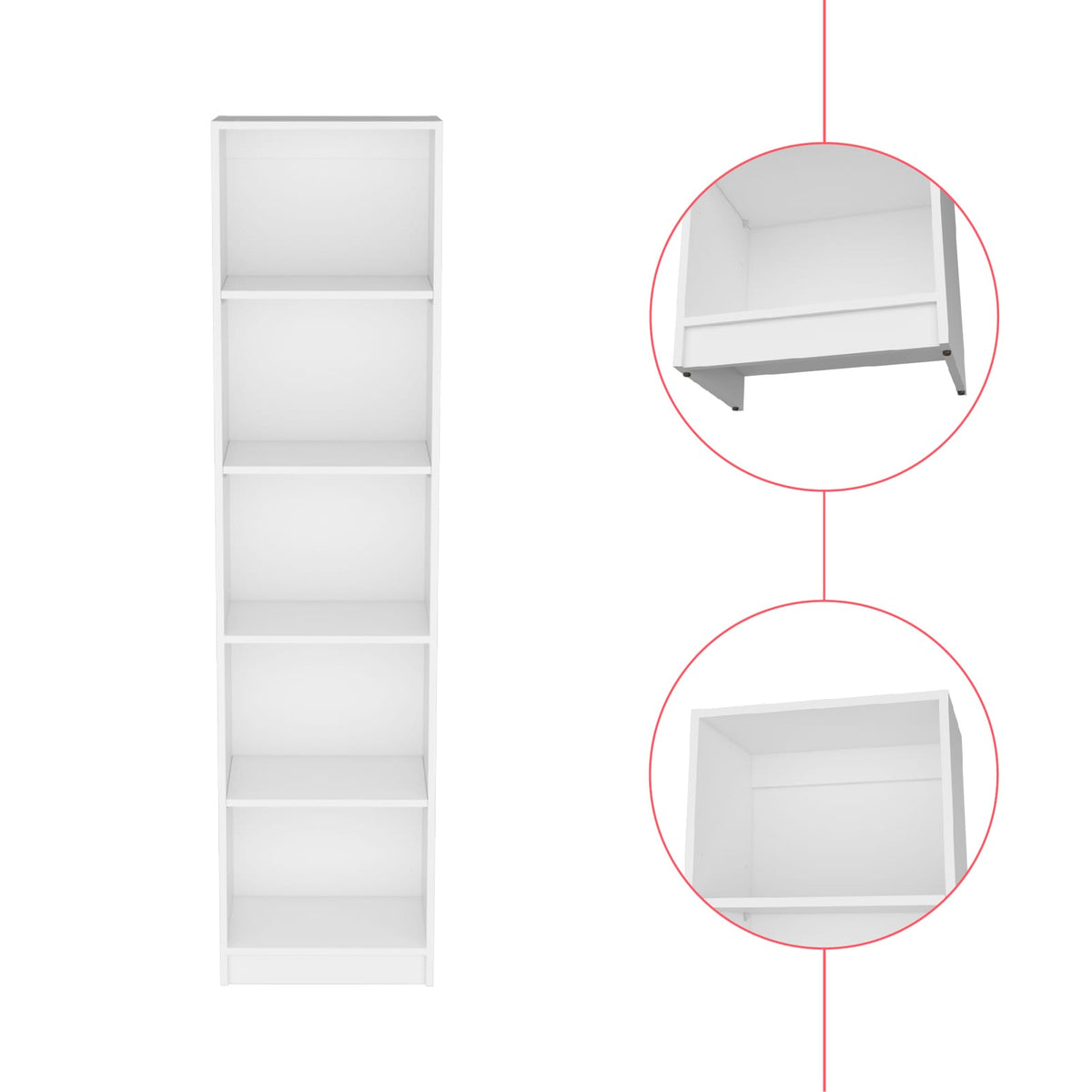 White Engineered Wood Bookcase - 5 Shelves, 17.7"W for Living Room