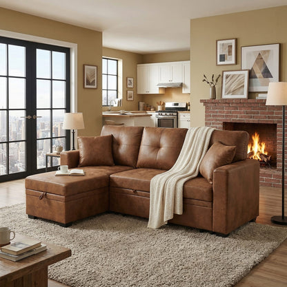 Light Brown Sectional Sofa Bed - Pull Out Sleeper for Living Room