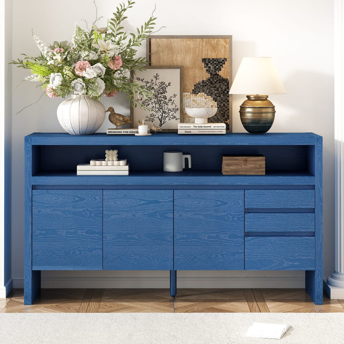 Navy Blue Solid Wood Sideboard 60" - Entryway Storage Cabinet