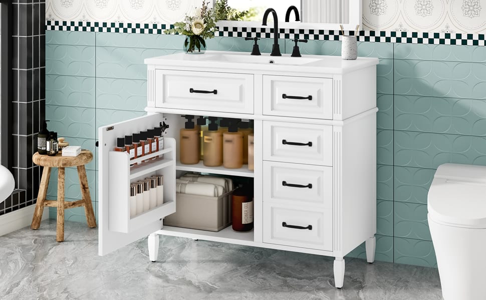 36 Inch White Solid Wood Vanity for Bathroom Renovation with Smart Storage