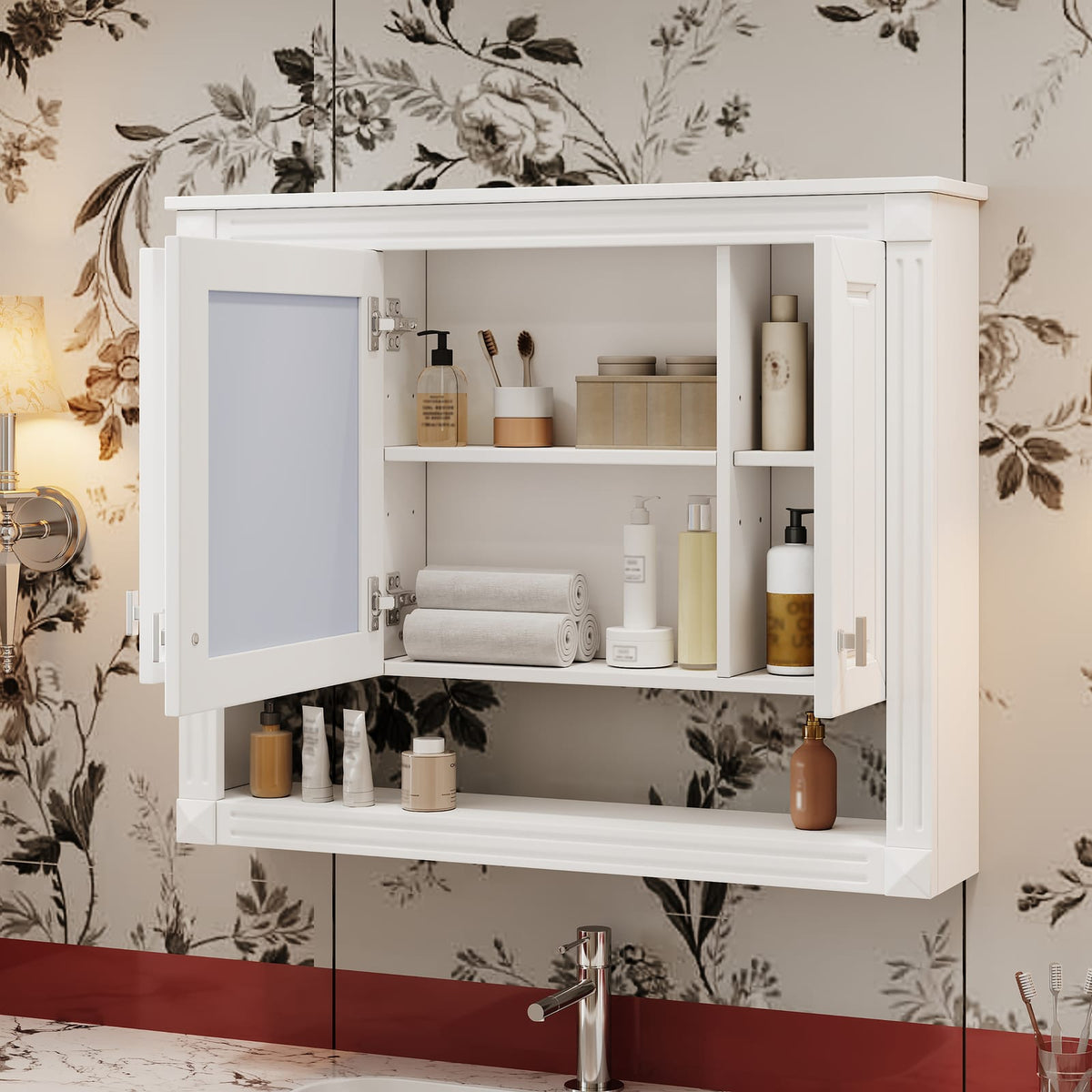 White Bathroom Storage Cabinet with Mirror - 35" Wall Mounted