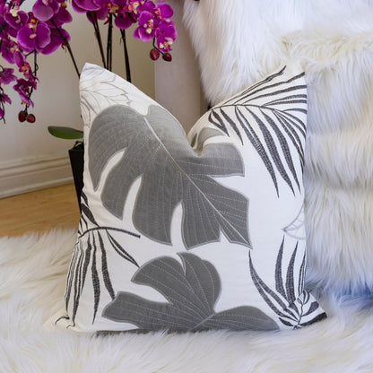 Gray Polyester Leaf Accent Pillow Cover 20x20"