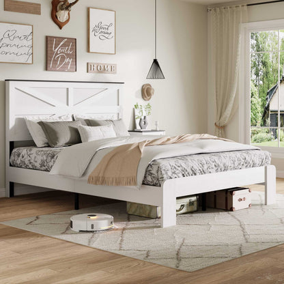 Queen Bed Frame Headboard - White Metal & Wood for Bedroom