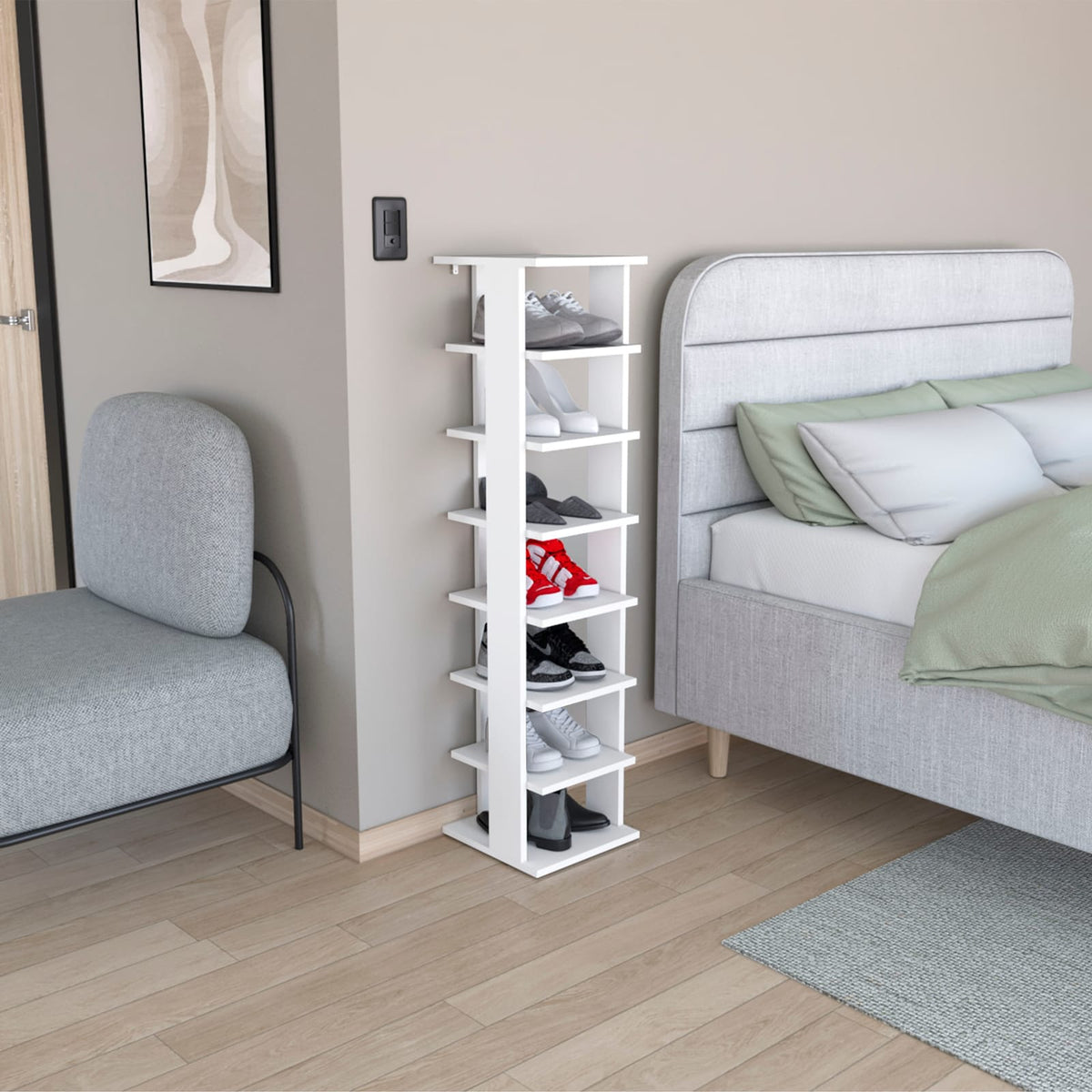8-Tier White Shoe Rack - Bedroom Storage Tower for Living Room