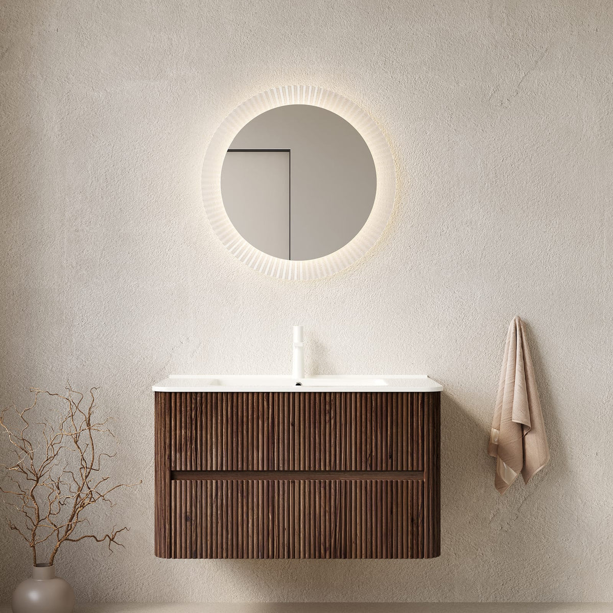 NOOR 36" Bathroom Vanity - White Ceramic + Walnut Woodgrain Storage
