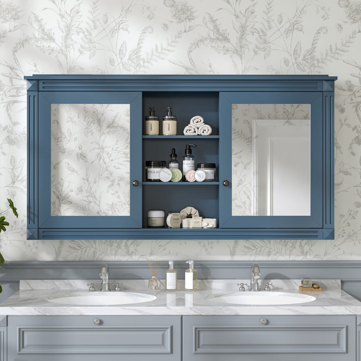 55 Inch Wall-Mount Bathroom Mirror Cabinet - Blue, Adjustable Shelves