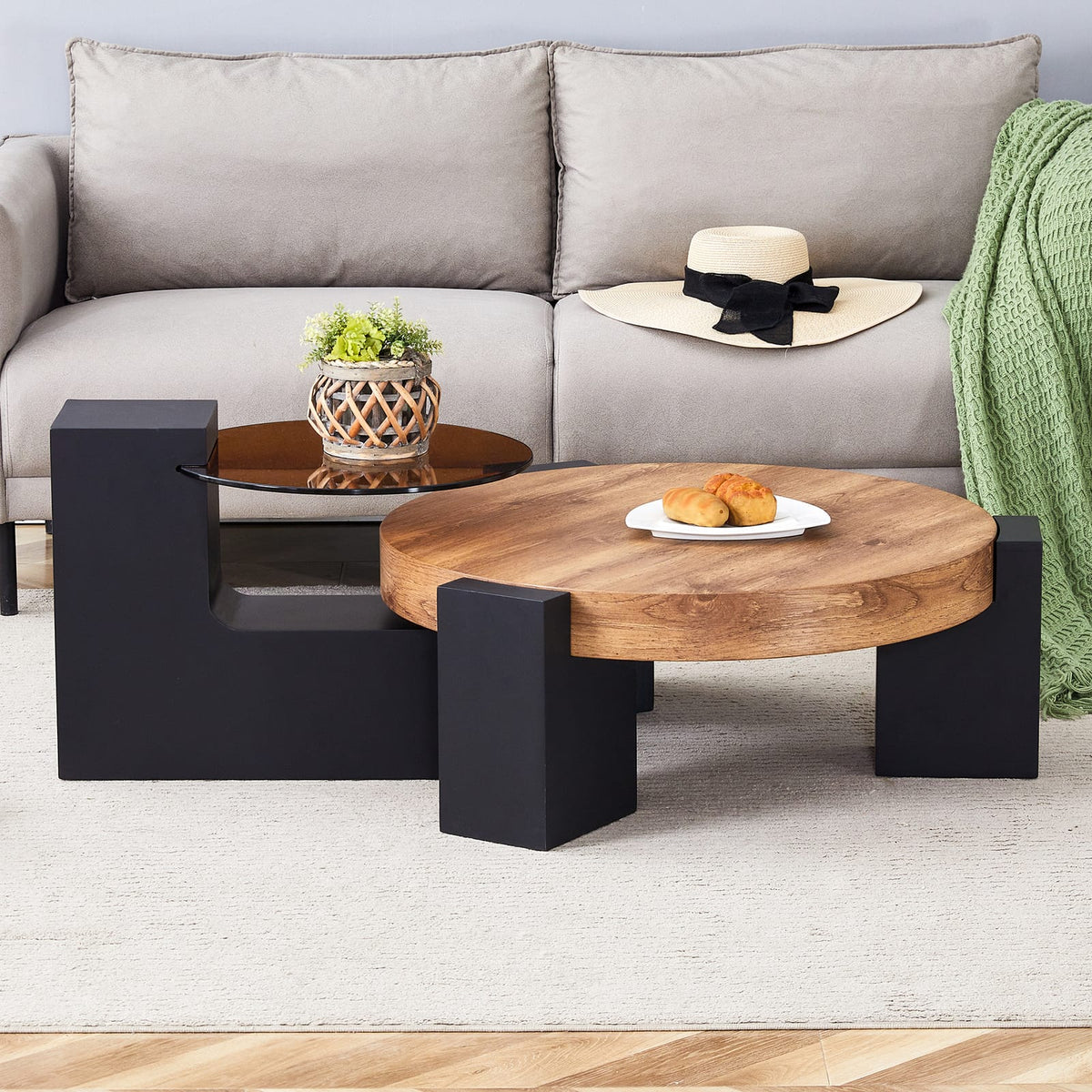Black Wood Round Coffee Table - Double Layer Glass Top