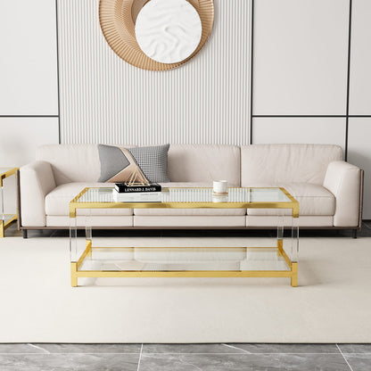 Living Room Golden Acrylic Coffee Table - Transparent Glass Top, 47.2" Modern Design