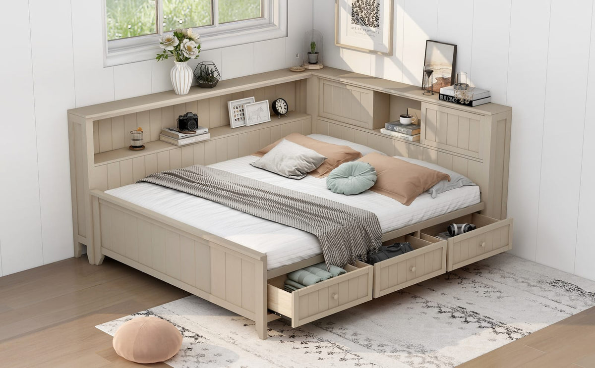 Full Size Wood Storage Bed Frame with Drawers and Shelves for Bedroom