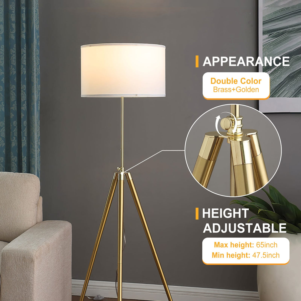 64" Adjustable Height Tripod Floor Lamp - Gold+White